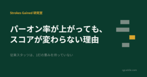 深緑の背景に「パーオン率が上がっても、スコアが変わらない理由」の文字と、Strokes Gainedの4カテゴリを表す横棒グラフ